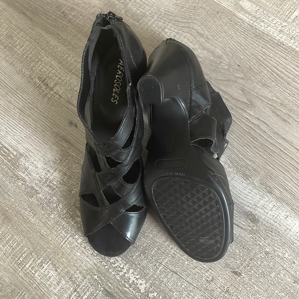 Aerosoles Black Leather Strappy Peep-Toe Heels. Item #3029